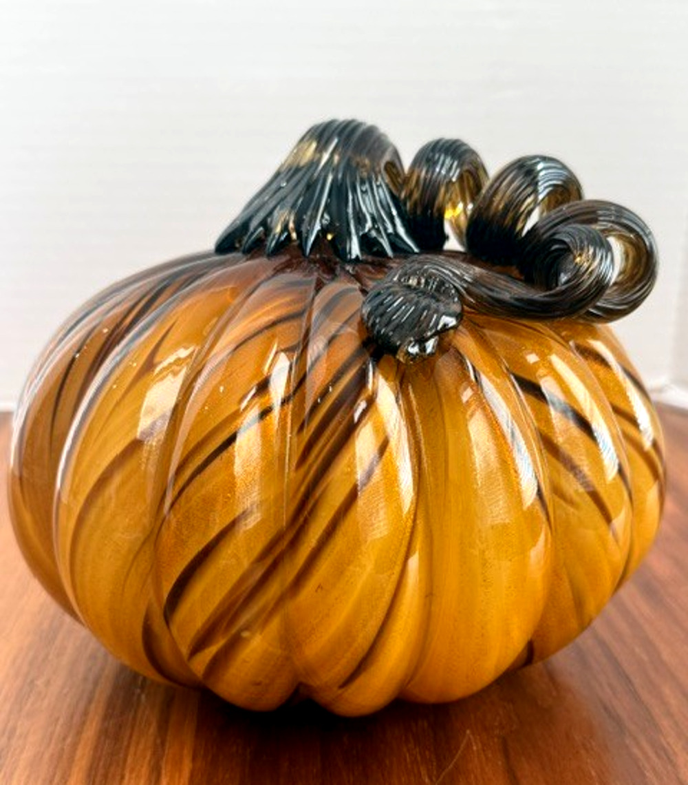 Hand Blown Art Glass Pumpkin Iridescent Orange Swirl w/ Twisted Stem 6.5" tall